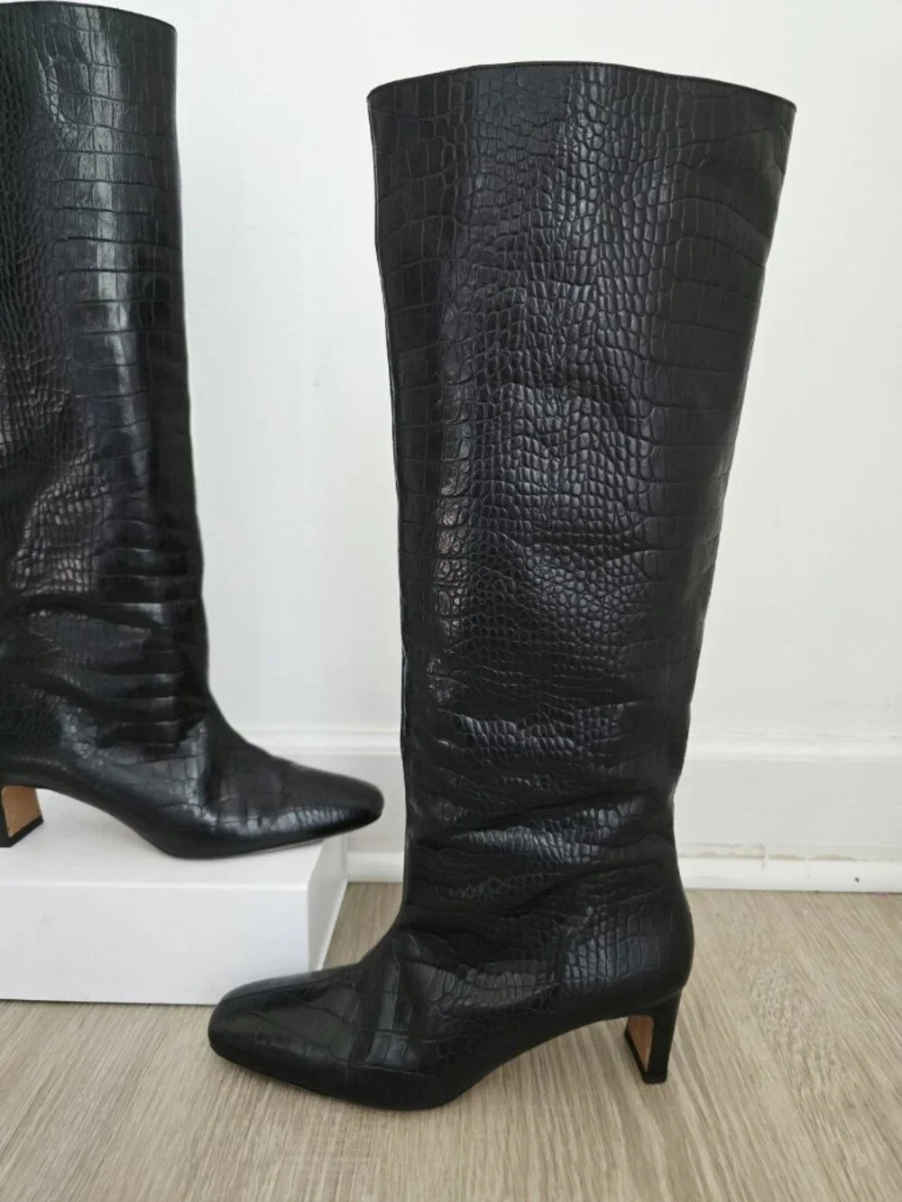 Anine Bing Felicia Croc Embossed Tall Knee Heeled Boots 41 11 Black Leather